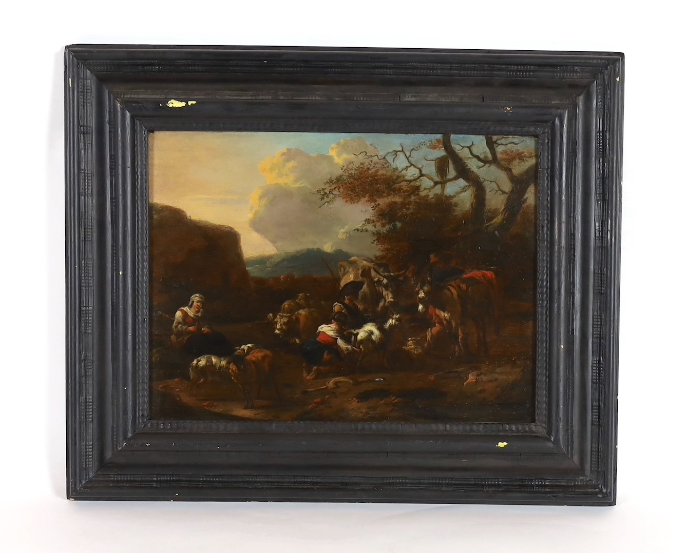 Jan Frans Soolmaker (Flemish, 1635-1685), A pastoral landscape with cattle, goats, sheep and figures, oil on panel, cradled, 36 x 50cms.